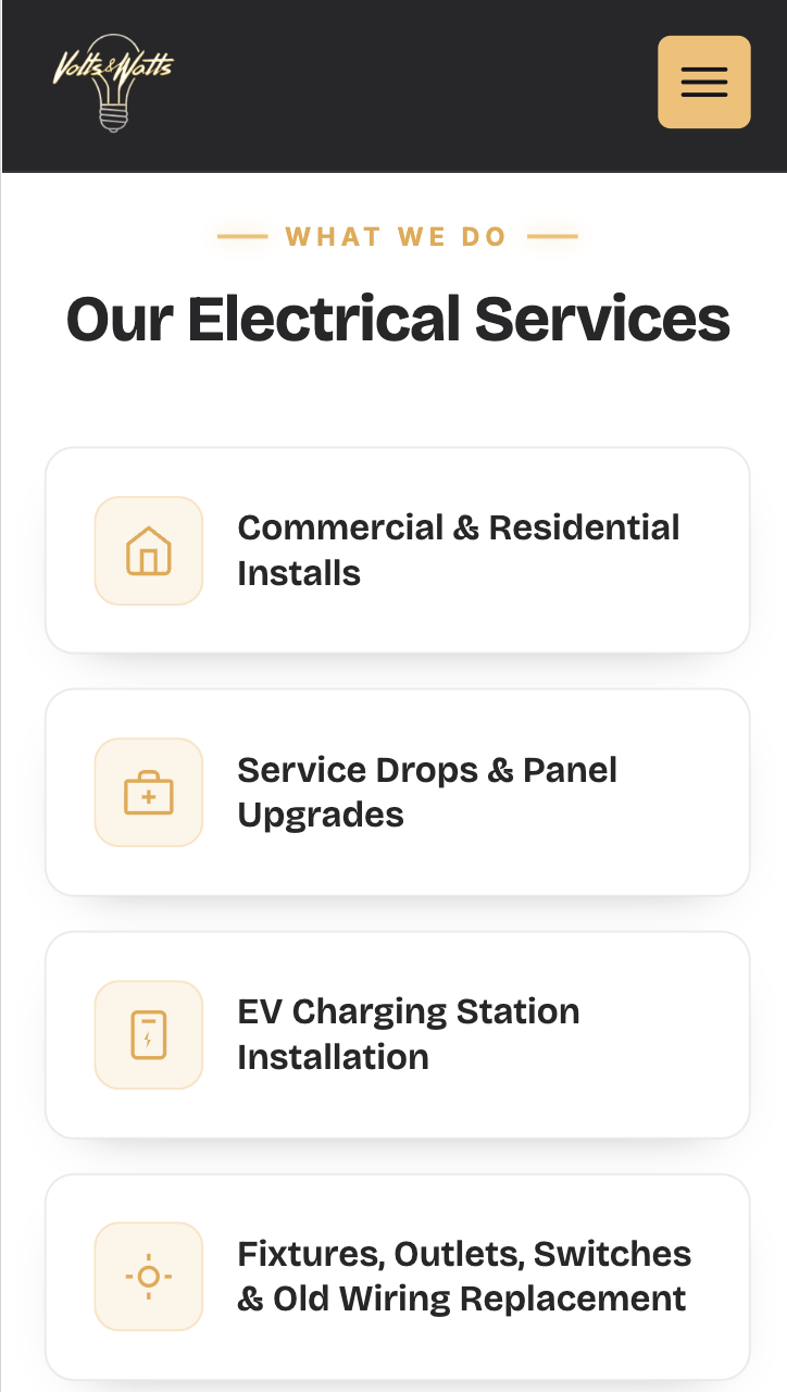 Volts & Watts website on mobile