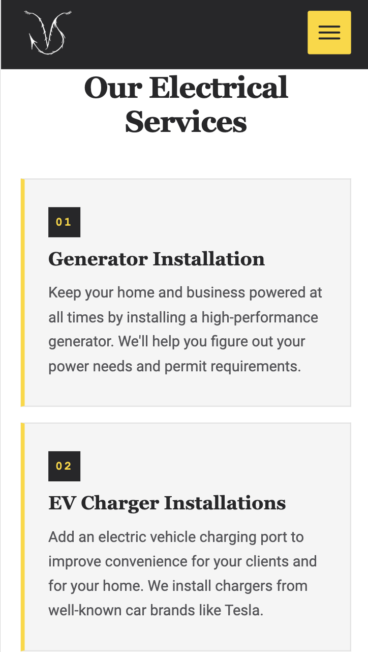 VS Electric website on mobile